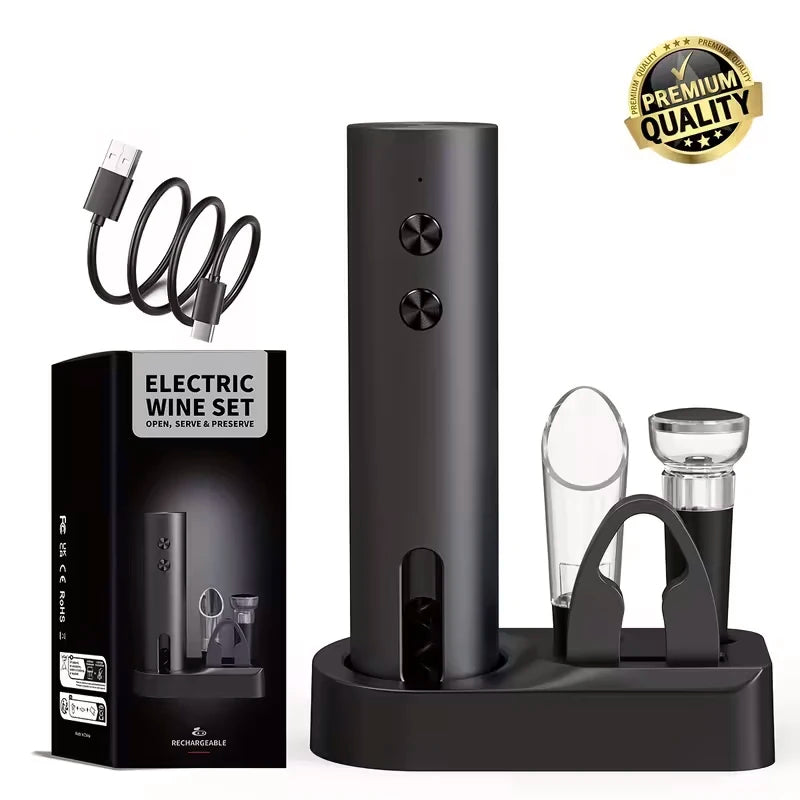 Electric Wine Opener Set — 4-Piece Kit with Foil Cutter, Wine Pourer & Vacuum Stopper | USB-C Rechargeable